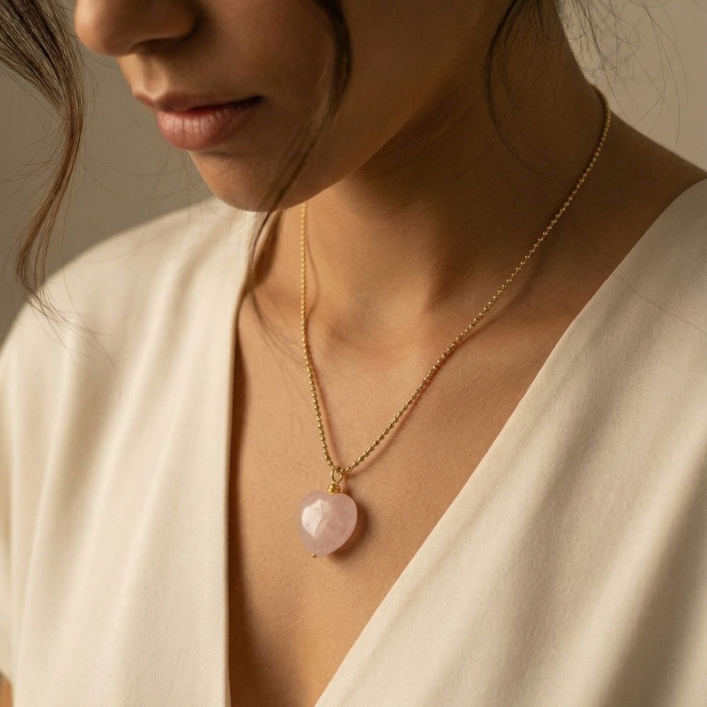 Gold Chain Necklace with Pink Rose Quartz Pendant